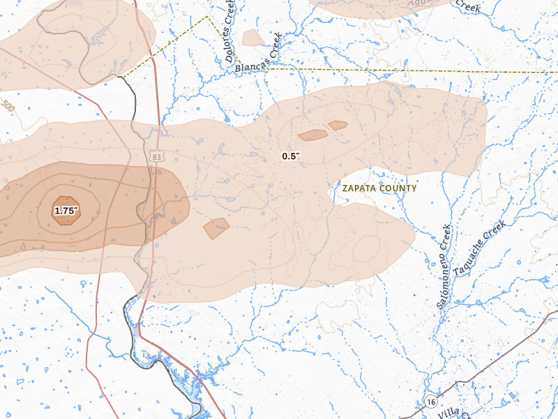 Radar-estimated hail-size map of the storm over San Ygnacio, TX on May 8, 2026
