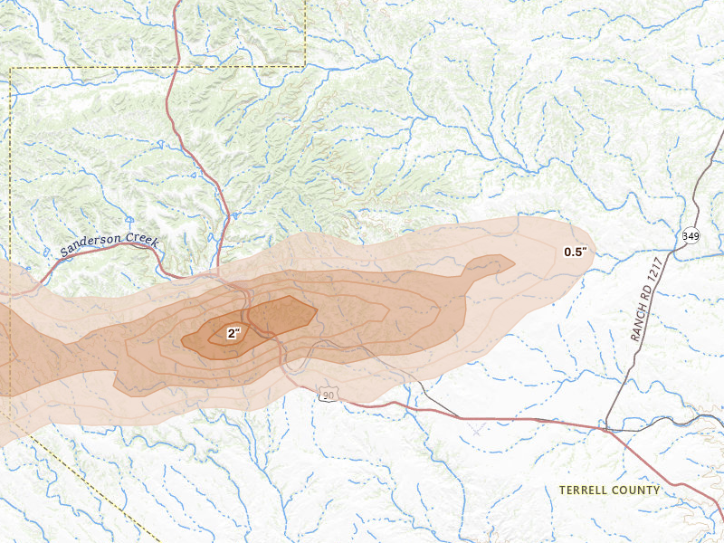 Radar-estimated hail-size map of the storm over Sanderson, TX on Apr 16, 2026