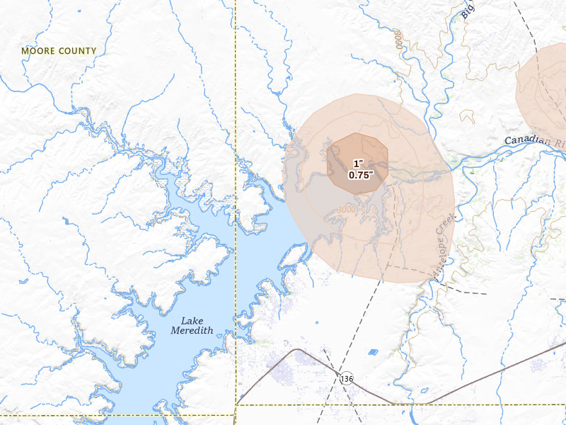 Radar-estimated hail-size map of the storm over Sanford, TX on May 22, 2026