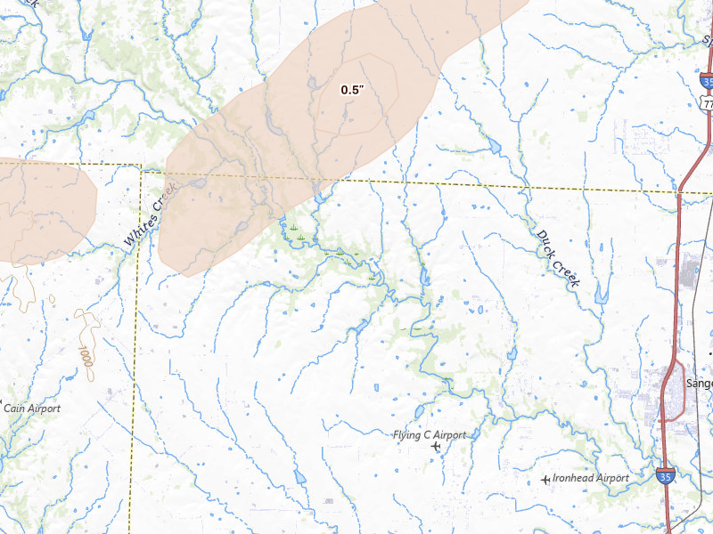 Radar-estimated hail-size map of the storm over Sanger, TX on Apr 15, 2026