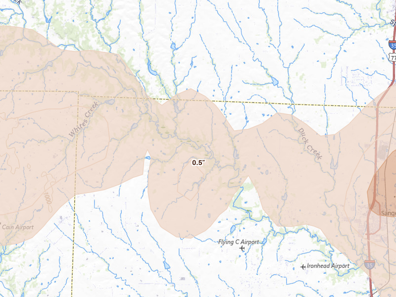 Radar-estimated hail-size map of the storm over Sanger, TX on May 19, 2026