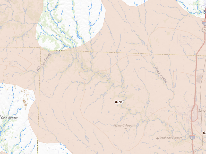 Radar-estimated hail-size map of the storm over Sanger, TX on Jun 18, 2026