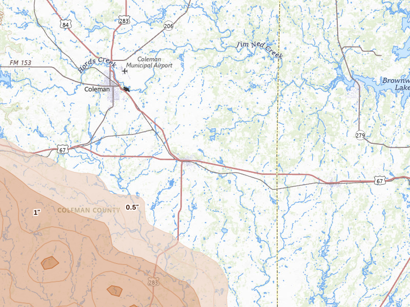 Radar-estimated hail-size map of the storm over Santa Anna, TX on May 10, 2026