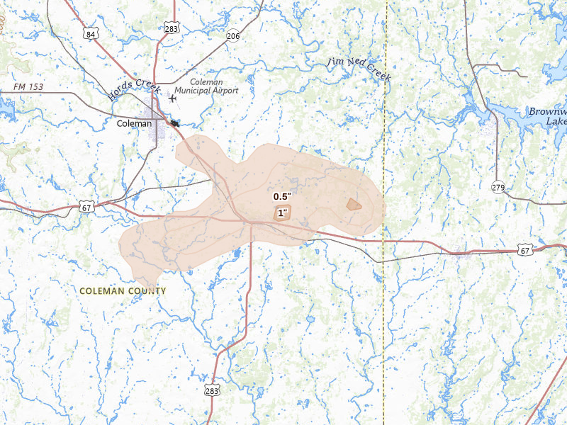 Radar-estimated hail-size map of the storm over Santa Anna, TX on Jun 2, 2026