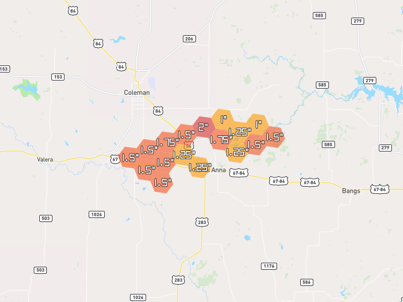 Hail map of Santa Anna, TX on Jun 3, 2026, hail up to 2"
