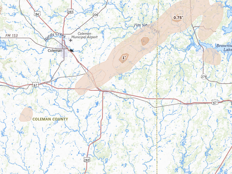 Radar-estimated hail-size map of the storm over Santa Anna, TX on Jun 6, 2026