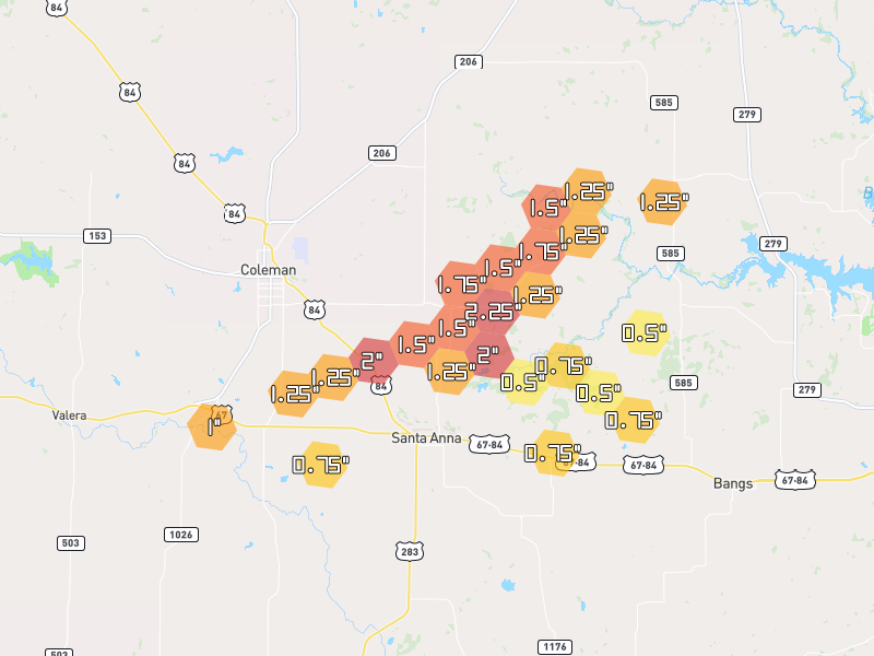 Hail map of Santa Anna, TX on Jun 6, 2026, hail up to 2.25"