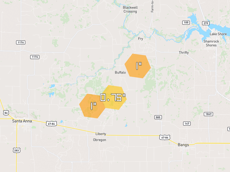 Hail map of Santa Anna, TX on Jun 7, 2026, hail up to 1"