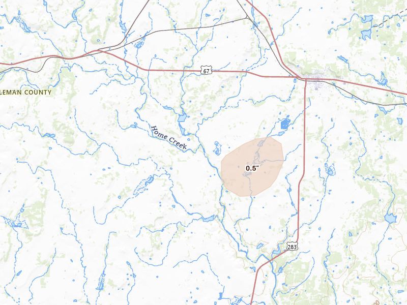 Radar-estimated hail-size map of the storm over Santa Anna, TX on Aug 28, 2026
