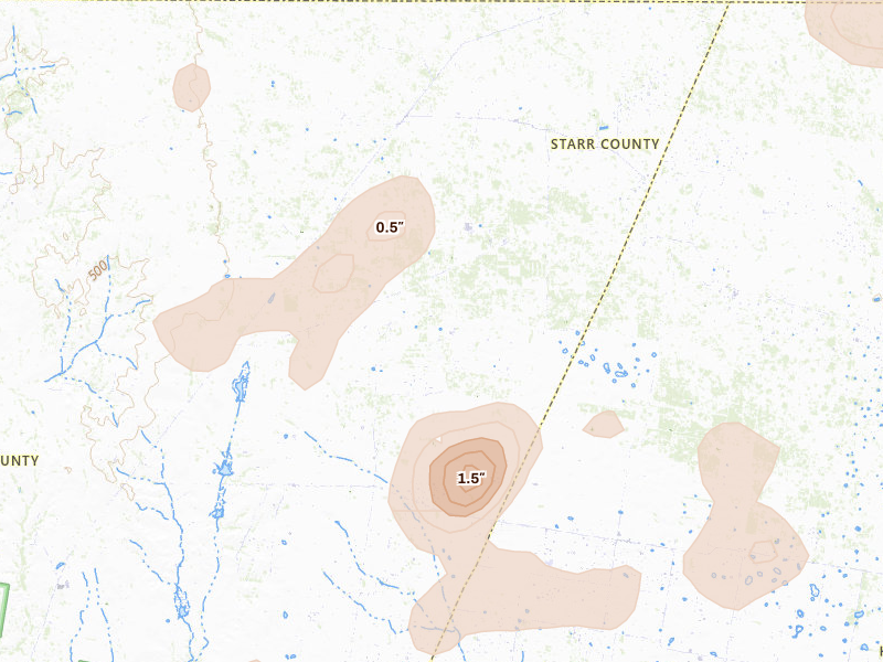 Radar-estimated hail-size map of the storm over Santa Elena, TX on Aug 2, 2026