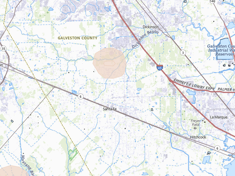 Radar-estimated hail-size map of the storm over Santa Fe, TX on Aug 28, 2026