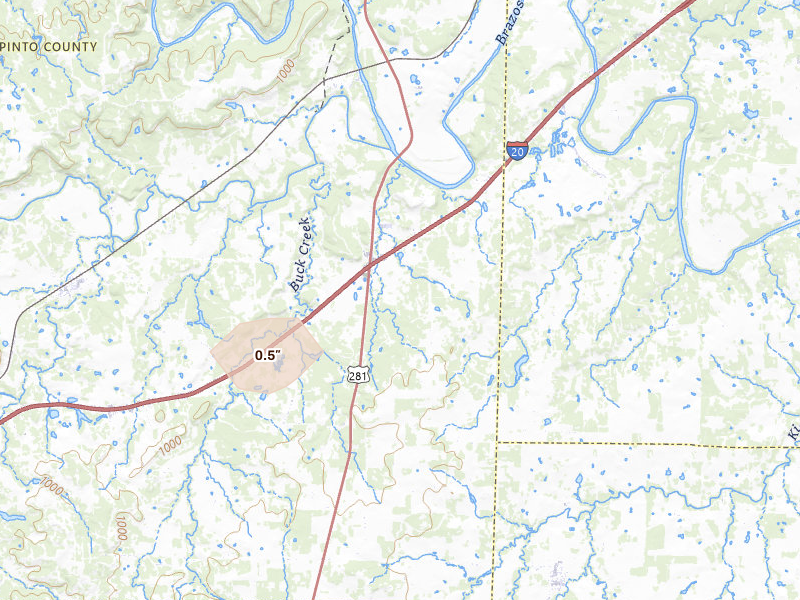 Radar-estimated hail-size map of the storm over Santo, TX on May 24, 2026