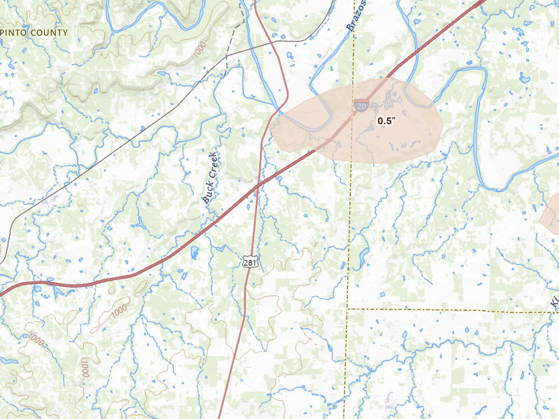 Radar-estimated hail-size map of the storm over Santo, TX on Jun 2, 2026