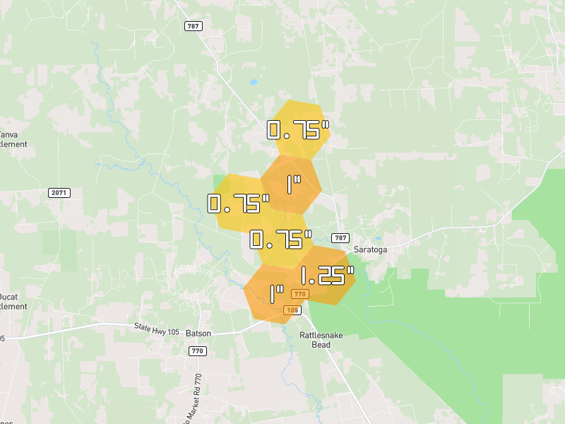 Hail map of Saratoga, TX on Jul 7, 2026, hail up to 1.25"