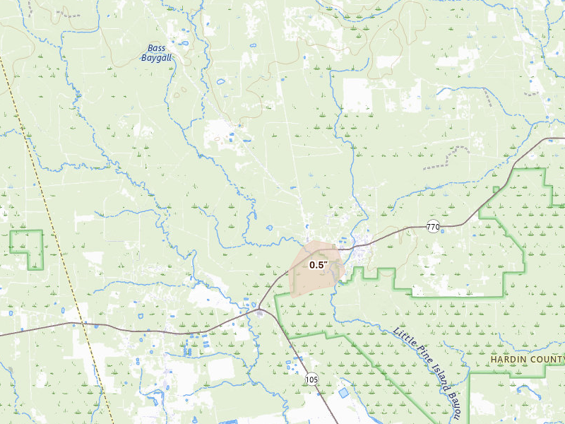 Radar-estimated hail-size map of the storm over Saratoga, TX on Jul 22, 2026