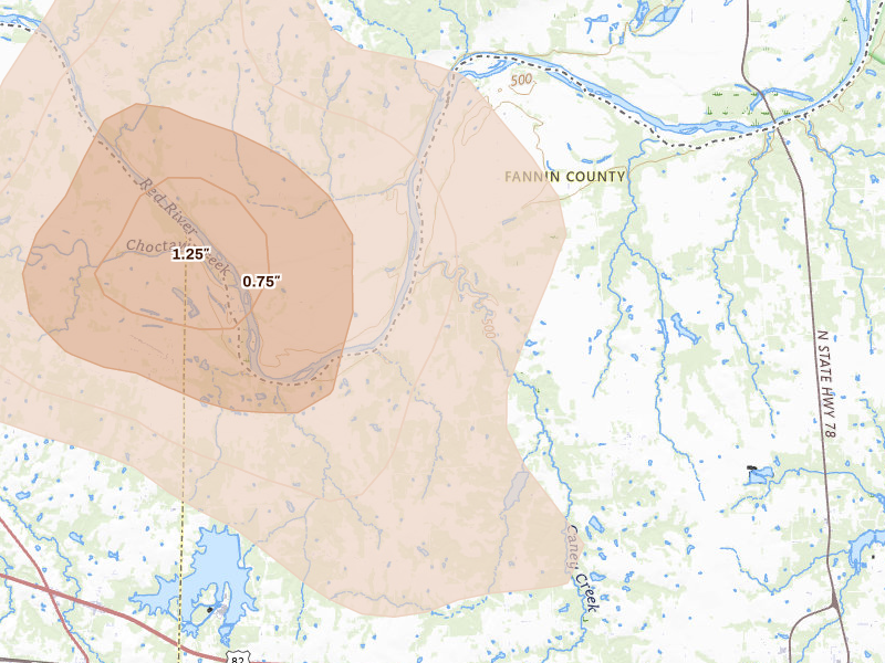 Radar-estimated hail-size map of the storm over Savoy, TX on May 9, 2026