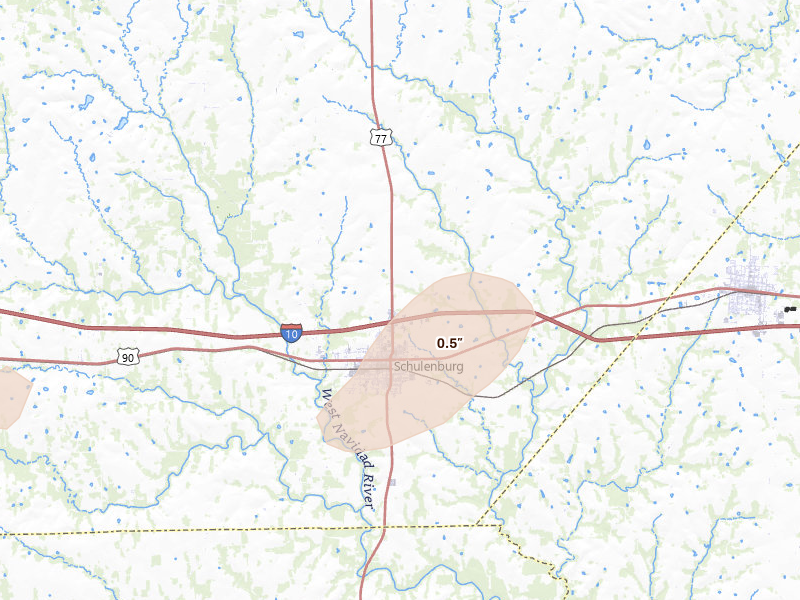 Radar-estimated hail-size map of the storm over Schulenburg, TX on Apr 12, 2026