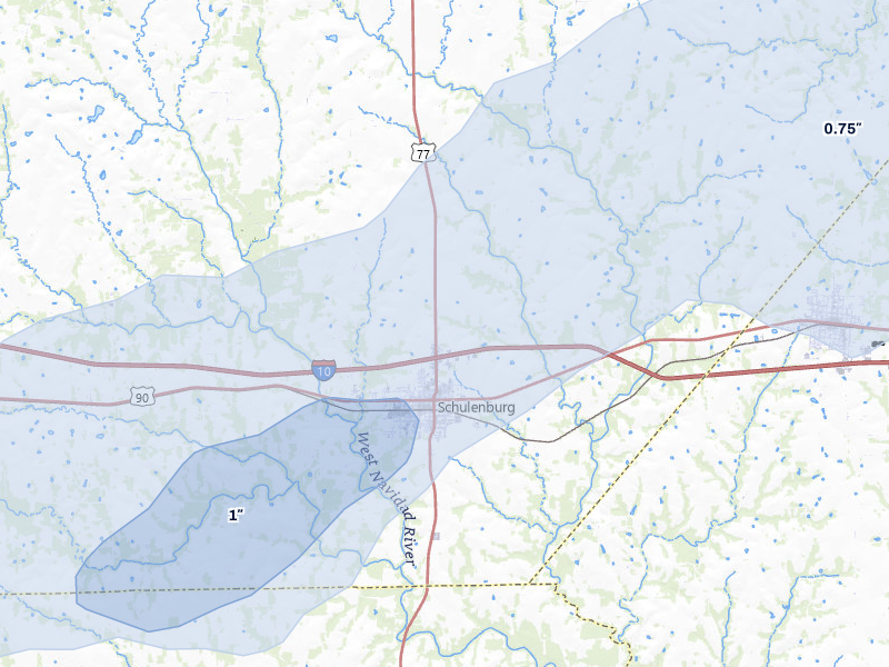 NEXRAD radar-signature map of the hail over Schulenburg, TX