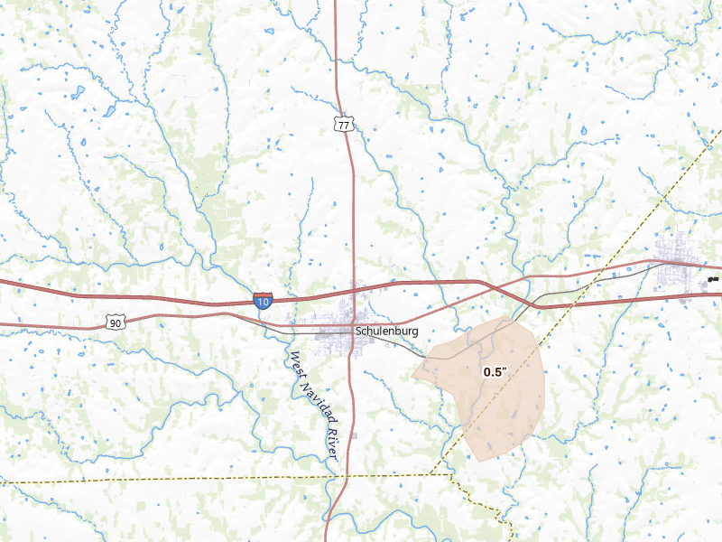 Radar-estimated hail-size map of the storm over Schulenburg, TX on May 22, 2026