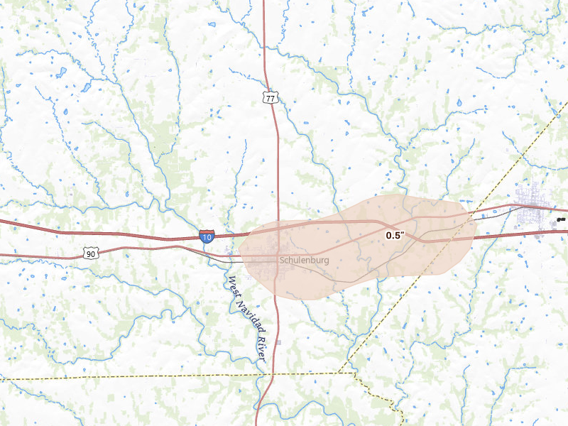 Radar-estimated hail-size map of the storm over Schulenburg, TX on Jun 2, 2026