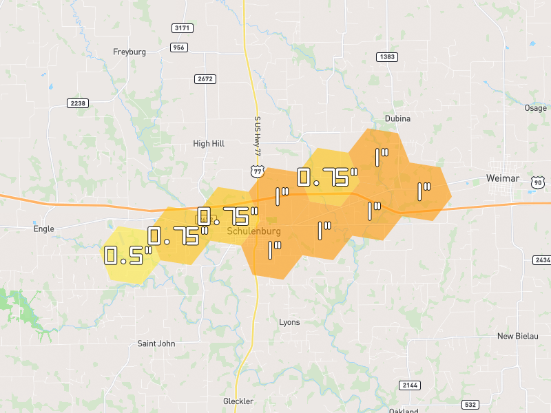 Hail map of Schulenburg, TX on Jun 2, 2026, hail up to 1"