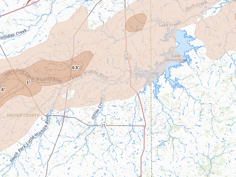 Radar-estimated hail-size map of the storm over Scotland, TX
