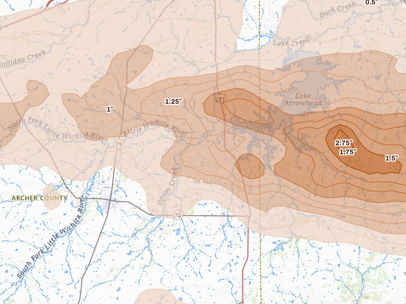 Radar-estimated hail-size map of the storm over Scotland, TX on Apr 28, 2026