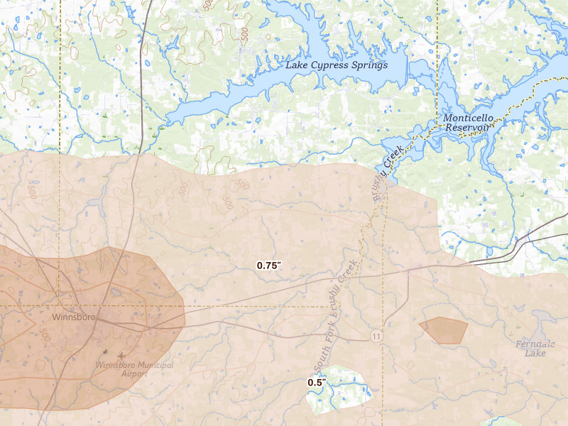 Radar-estimated hail-size map of the storm over Scroggins, TX on May 8, 2026