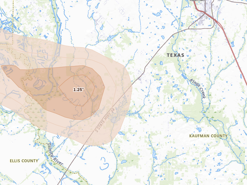 Radar-estimated hail-size map of the storm over Scurry, TX on Apr 25, 2026