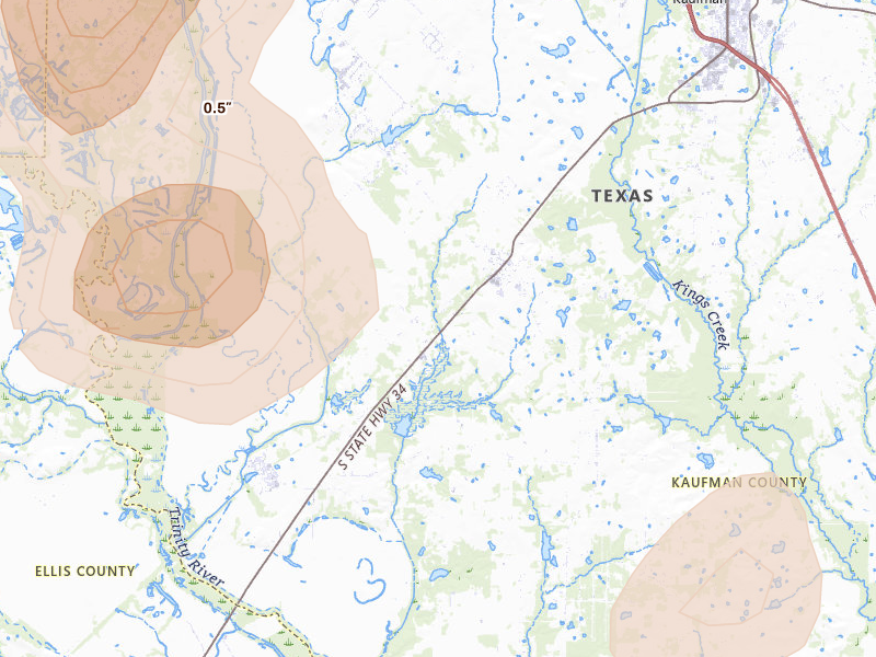 Radar-estimated hail-size map of the storm over Scurry, TX on Jun 2, 2026