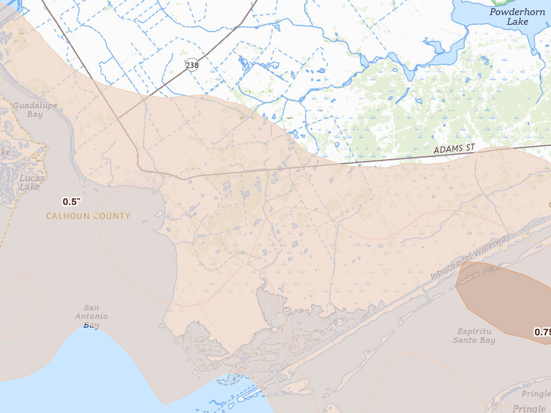 Radar-estimated hail-size map of the storm over Seadrift, TX on May 1, 2026