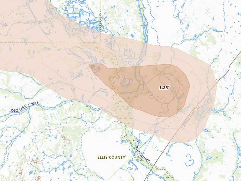 Radar-estimated hail-size map of the storm over Seagoville, TX on Apr 25, 2026