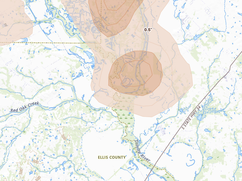 Radar-estimated hail-size map of the storm over Seagoville, TX on Jun 2, 2026
