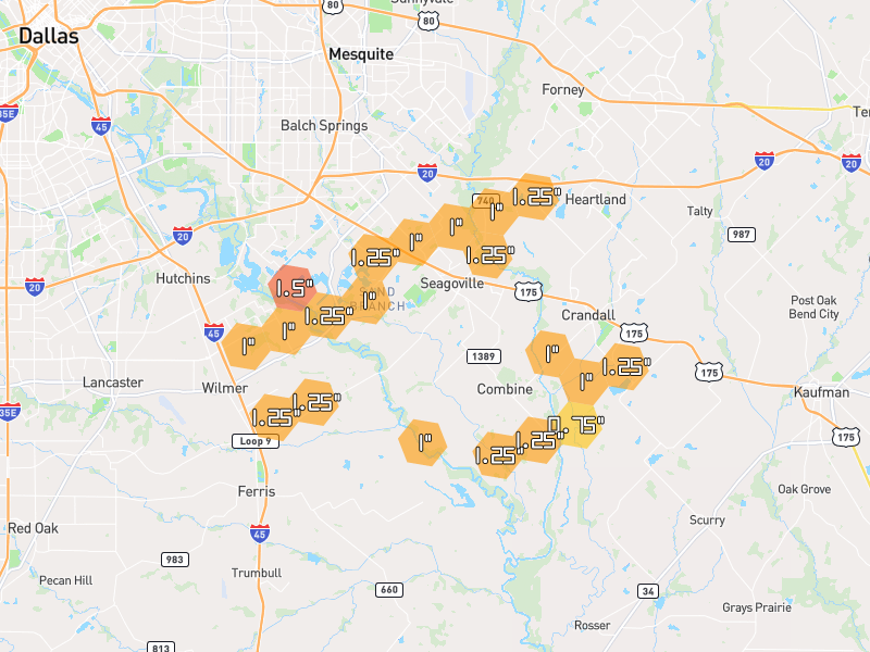 Hail map of Seagoville, TX on Jun 7, 2026, hail up to 1.5"