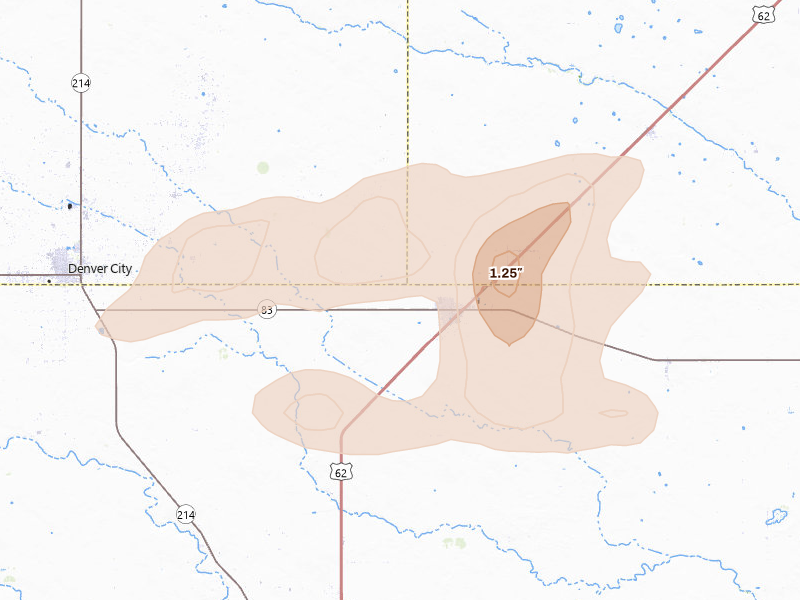Radar-estimated hail-size map of the storm over Seagraves, TX on Jun 25, 2026