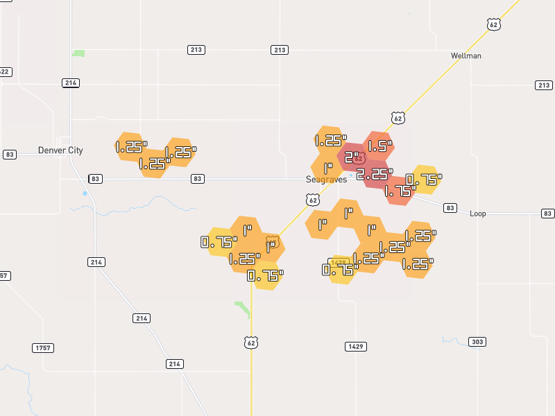 Hail map of Seagraves, TX on Jun 26, 2026, hail up to 2.25"