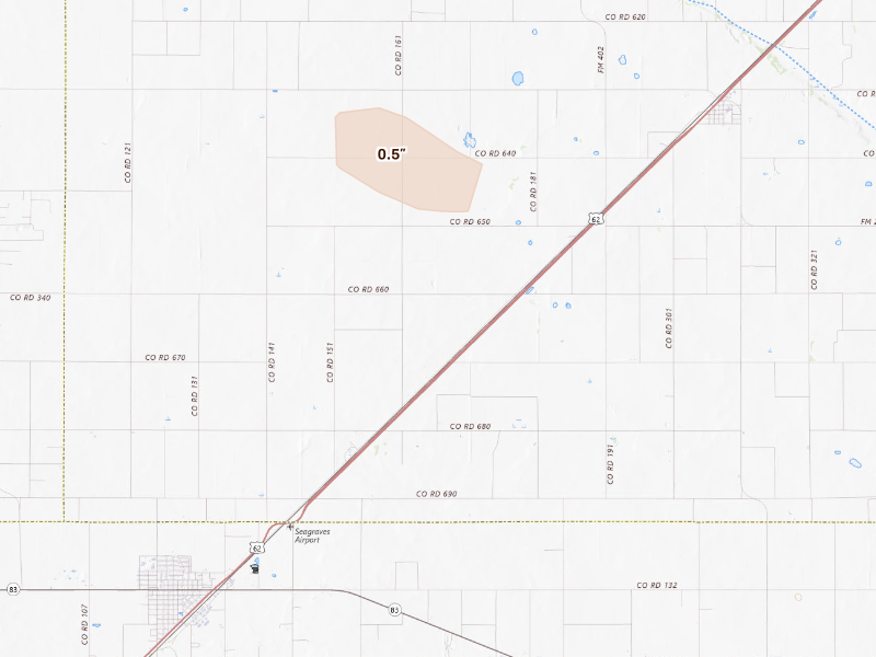 Radar-estimated hail-size map of the storm over Seagraves, TX on Sep 21, 2026