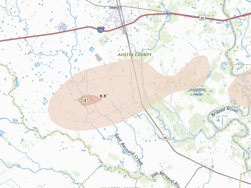 Radar-estimated hail-size map of the storm over Sealy, TX on Jun 2, 2026