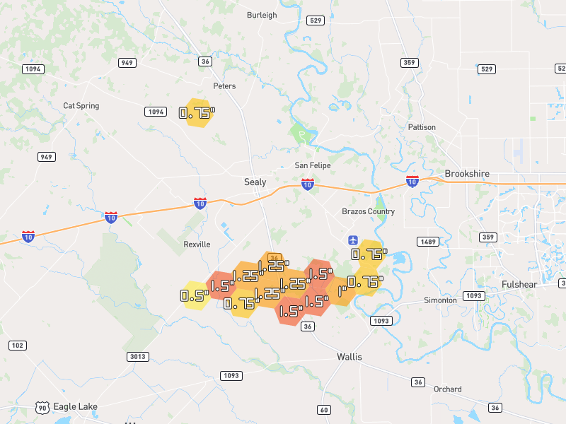 Hail map of Sealy, TX on Jun 2, 2026, hail up to 1.5"
