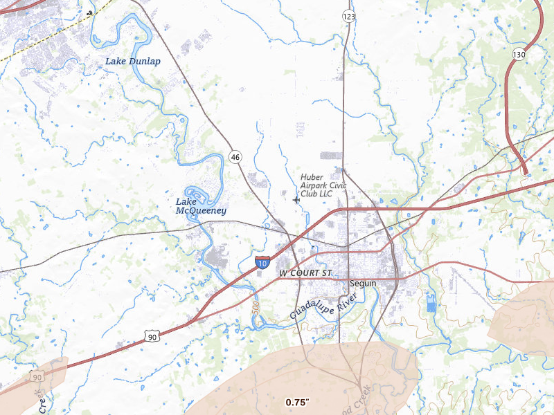 Radar-estimated hail-size map of the storm over Seguin, TX on Mar 7, 2026