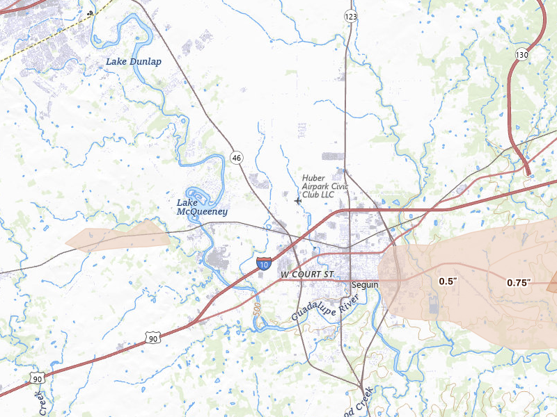 Radar-estimated hail-size map of the storm over Seguin, TX on Apr 30, 2026