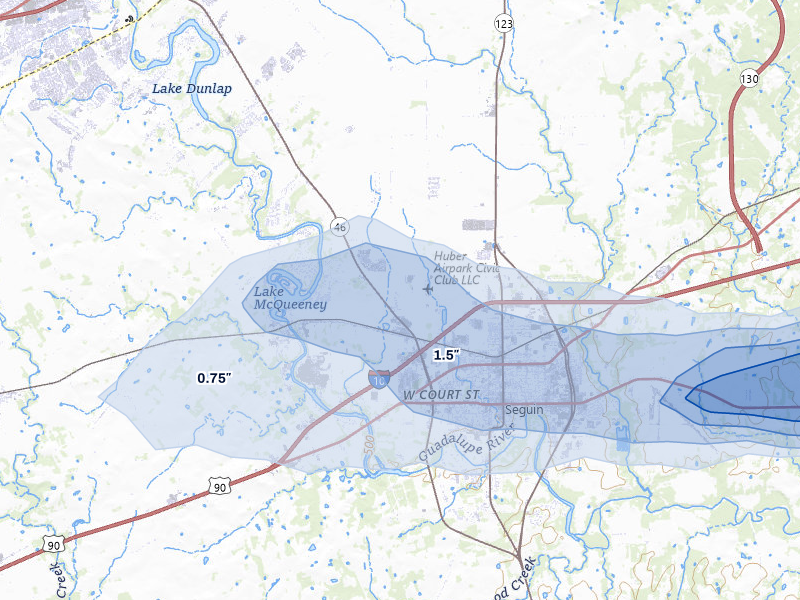 NEXRAD radar-signature map of the hail over Seguin, TX