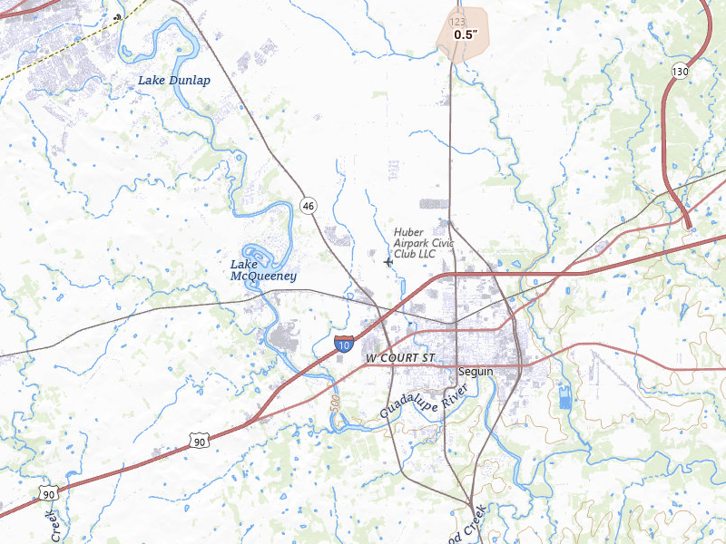 Radar-estimated hail-size map of the storm over Seguin, TX on Jul 13, 2026