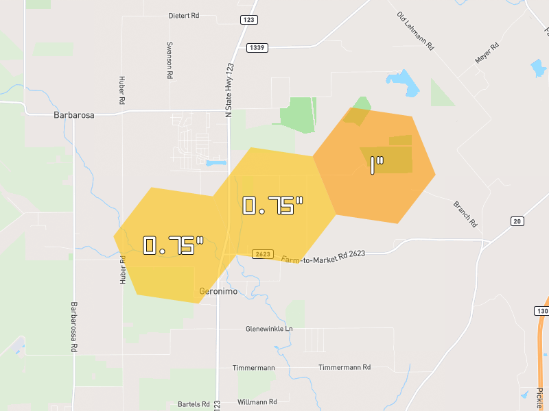 Hail map of Seguin, TX on Jul 13, 2026, hail up to 1"