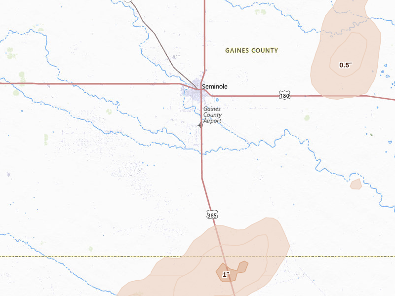 Radar-estimated hail-size map of the storm over Seminole, TX on Jun 28, 2026