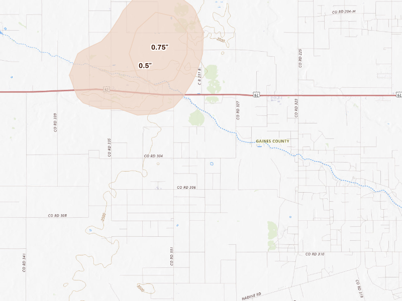 Radar-estimated hail-size map of the storm over Seminole, TX