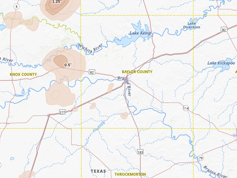 Radar-estimated hail-size map of the storm over Seymour, TX on Mar 31, 2026