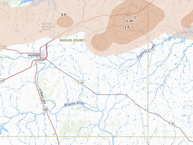 Radar-estimated hail-size map of the storm over Seymour, TX on Apr 28, 2026