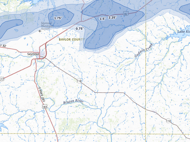 NEXRAD radar-signature map of the hail storm over Seymour, TX on Apr 28, 2026