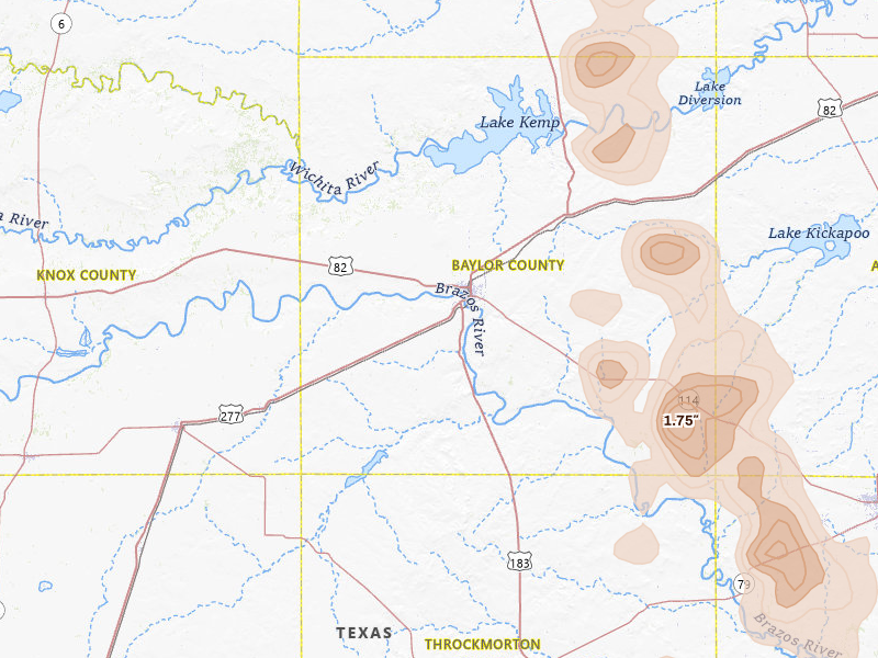 Radar-estimated hail-size map of the storm over Seymour, TX on May 8, 2026